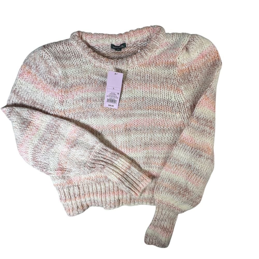 Wild Fable Striped Knit Sweater Puff Sleeve Pink Cream Cozy Women's L